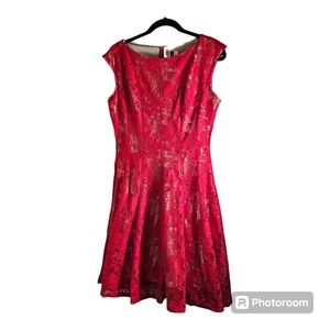 Julian Taylor Red Lace Overlay Dress nude lining size 8 pre-owned